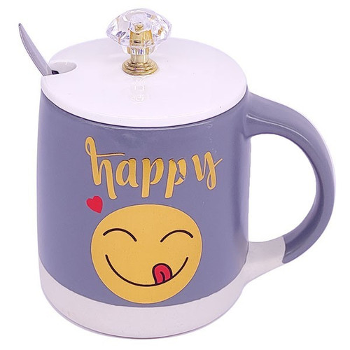 'Happy Emoji' Printed Ceramic Coffee Mug With Lid & Spoon (Grey)