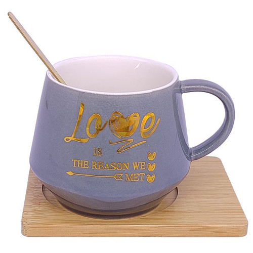 'Love Is The Reason We Met' Printed Ceramic Coffee Mug With Spoon & Wooden Saucer