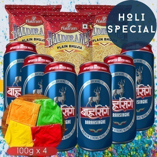 Can Beer, Bhujia and Holi Colour Combo Gift Hamper
