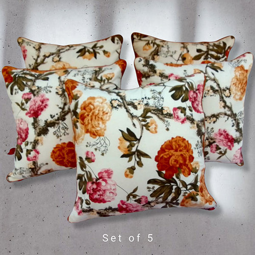 Cushion With Cover - Set of 5 Pcs, 16"x16" Cotton Flower Print