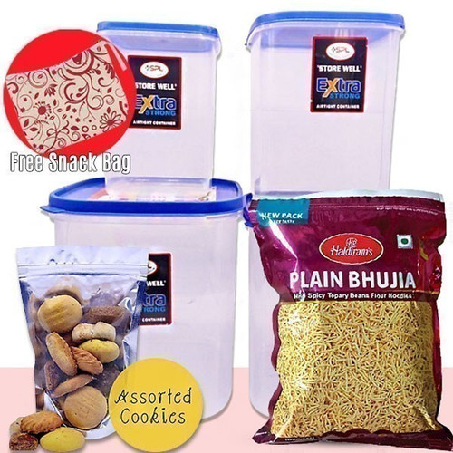 Gift Combo - Plain Bhujia, Cookies Fresh Pouch & Airtight Container ~ Free Snack Bag