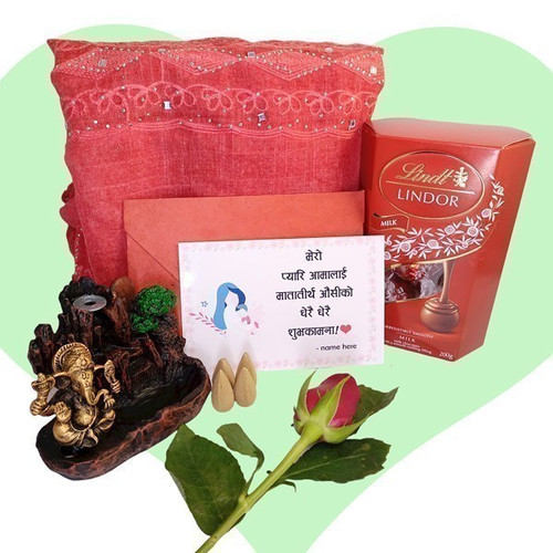 Ganesha Incense Burner, Chocolates, Shawl & Roses With Card Message Gift For Mom