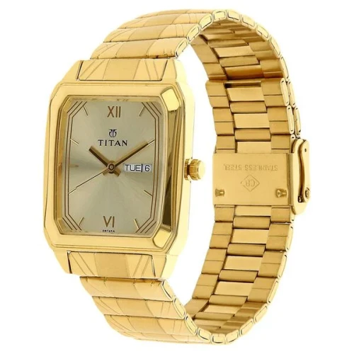 Titan Quartz Analog with Day and Date Champagne Dial Stainless Steel Strap
