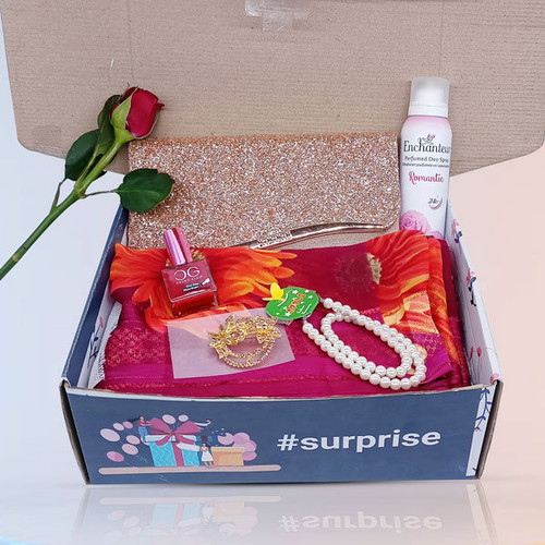 Saree Combo Gifts with Clutch Purse, Pearl Necklace, Nail Polish, Saree Pin and Perfume