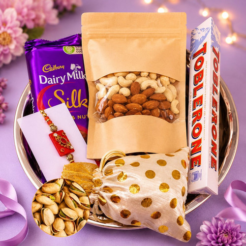 Dry Nuts, Rakhi and Chocolates in a Steel Tray