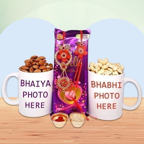 Personalized Mug Print, Dry Nuts, Chocolates & Rakhi For Bhaiya Bhabhi
