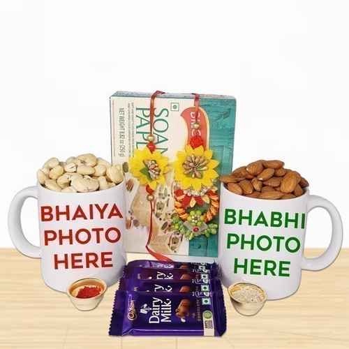 Personalized Bhaiya Bhabhi Mug with Chocolates, Sweets and Rakhi