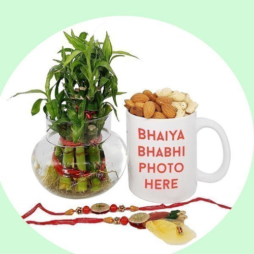 Personalized Bhaiya Bhabhi Mug with Dry Nuts, Bamboo Plant and Rakhi
