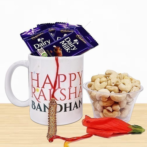 Happy Raksha Bandhan Mug with Chocolates, Rakhi & Cashew Nuts