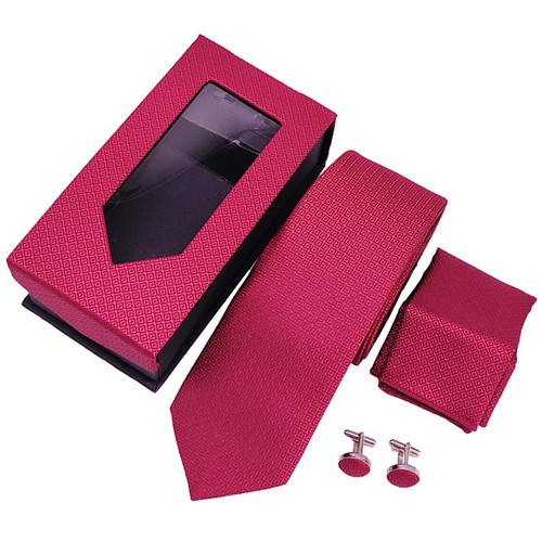 Red Box Pattern Tie With Pocket Square
