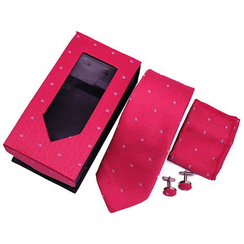 Red Dotted Tie With Pocket Square & Cufflinks