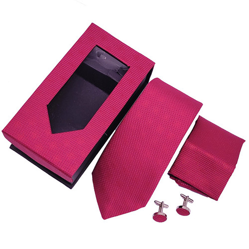 Red Patterned Printed Tie With Pocket Sqaure