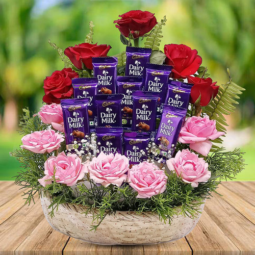 Stunning Red And Pink Roses With Chocolate Basket