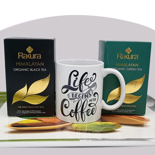 'Life Begins After Coffee' Printed Mug With Rakura Organic Tea Combo