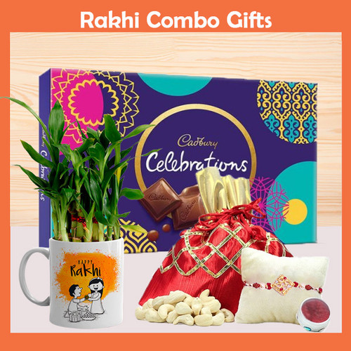 Dry Nuts, Rakhi, Sweets & Bamboo Plant Mug Gift For Raksha Bandhan
