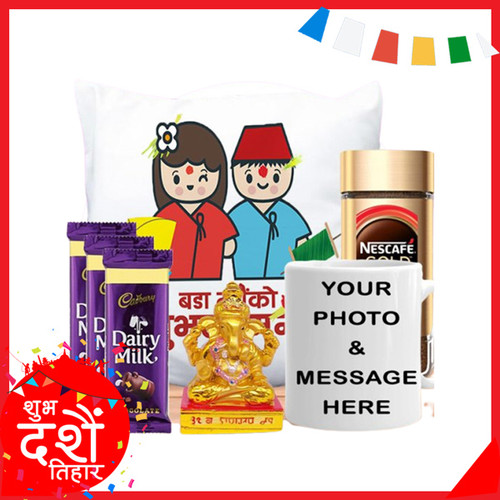 Customized Mug With Coffee, Chocolates, Ganesha Statue & Cushion