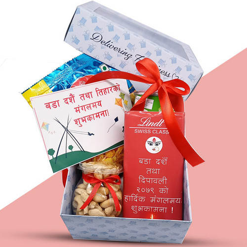 Box with Dashain Tihar Wishes Chocolates, Cashews & Snacks