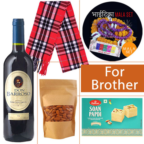 Mala Set with Wine, Dry nuts and Muffler For Brothers (Free Saptarangi Tika)