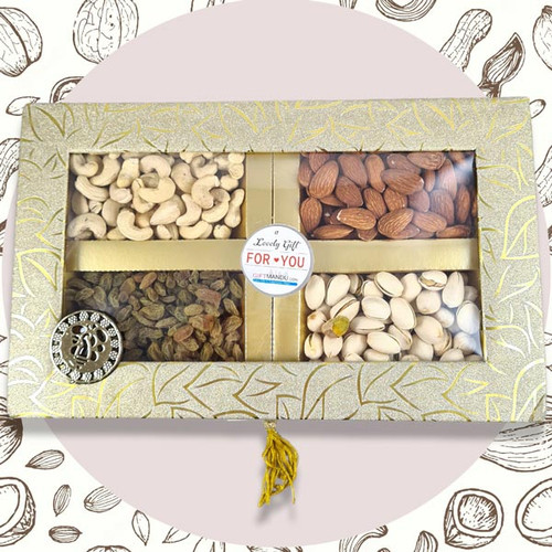 Dry Nuts Decorated Golden Gift Box (Transparent Cover)