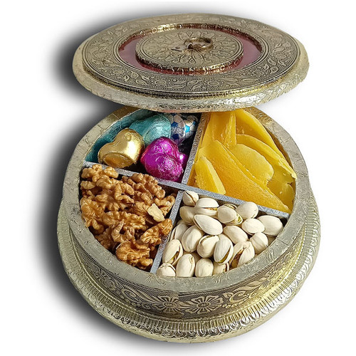 Golden Round Box With Dry Nuts, Fruits & Chocolates