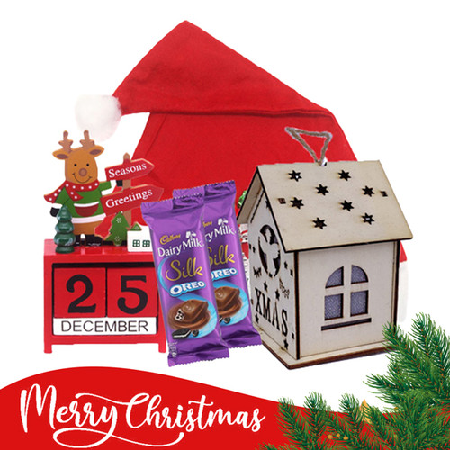 Wooden Table Calendar with LED Hanging House, Santa Claus Cap & Chocolates