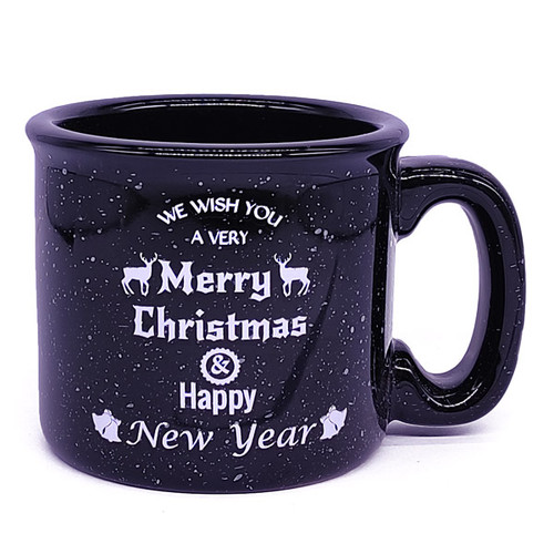 'Merry Christmas and Happy New Year' Printed Black Ceramic Coffee Mug