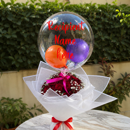 Personalized Name Print Bobo Balloon with Dozen Red Roses Bunch