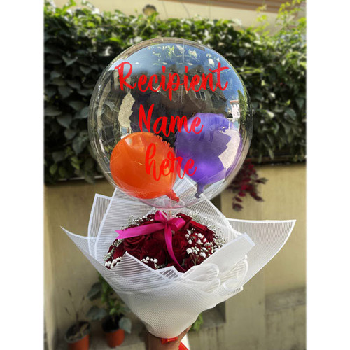 Personalized Name Print Bobo Balloon with Dozen Red Roses Bunch