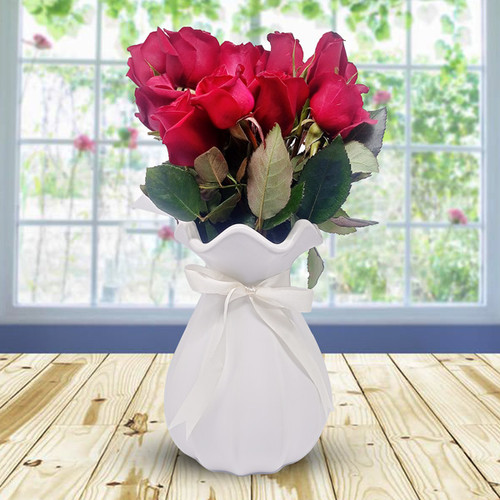 12 Red Roses Bunch in White Ceramic Vase