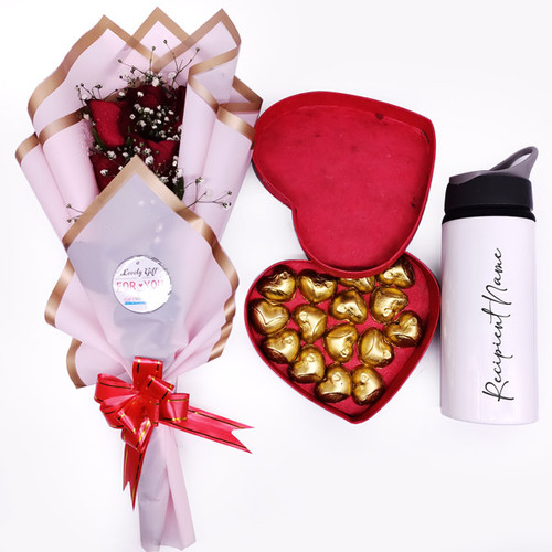 Personalized Sipper Bottle With Gourmet Heart Chocolate Box