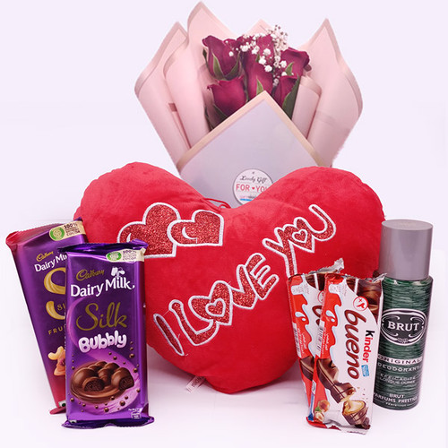 Cute Red Cushion, Chocolates & Deodorant Spray For Him