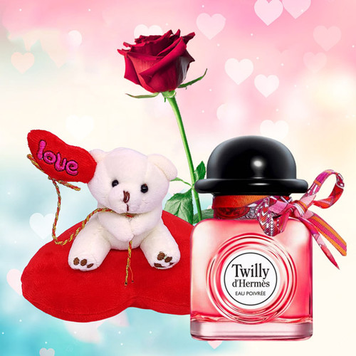 Hermes Twilly d'Hermes Perfume & Teddy Bear Gift Set for Her (Free Rose & Scarf)