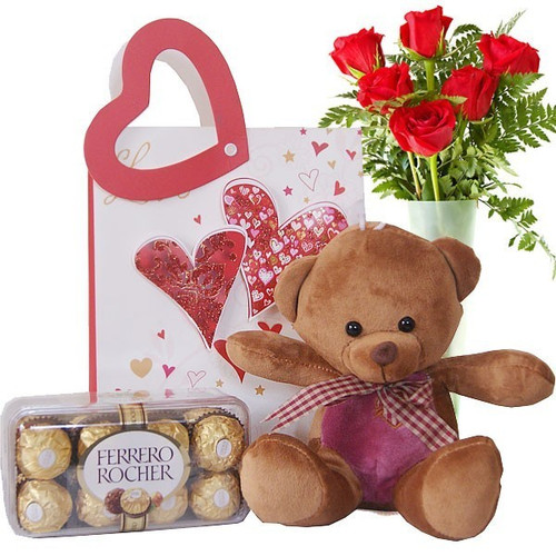 Ferrero Chocolate Box, Cute Brown Teddy and Roses