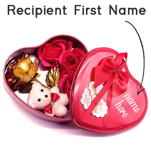 Name Print on Red Heart Tin Box with Rose & Teddy Inside