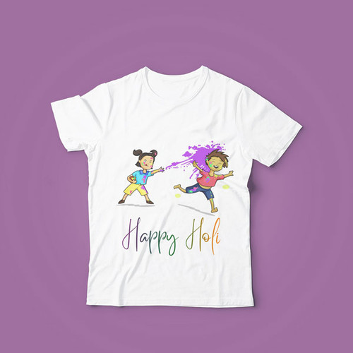 'Happy Holi' with Cartoon Printed T-shirt For Kids