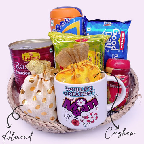 World's Greatest Mom Printed Cup & Snacks Basket Gift Hamper