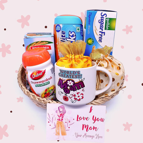 "I Love You Mom" Printed Greeting Card With Mug & Basket full Of Snacks "I Love You Mom" Printed Greeting Card With Mug & Basket full Of Snacks