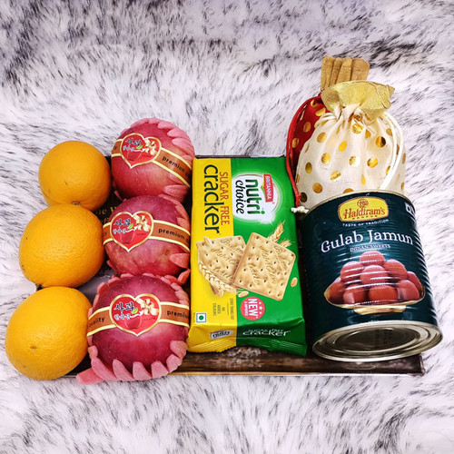 Premium Fresh Fruit, Dry nuts and Biscuits With Gulabjamun Gift