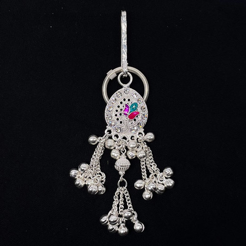 Silver Traditional Design Saree Keyring Challa With White Sparkling Stones