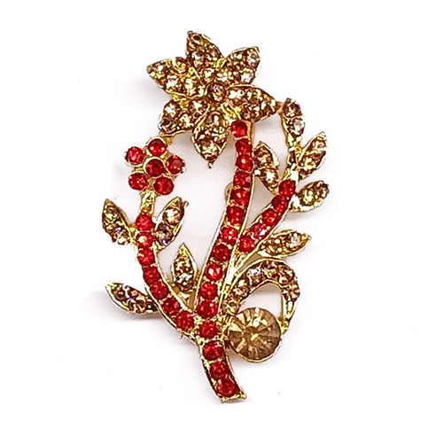 Pretty Flower Design Golden & Red Stone Studded Saree Pin
