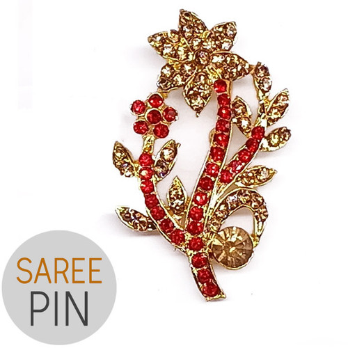 Pretty Flower Design Golden & Red Stone Studded Saree Pin