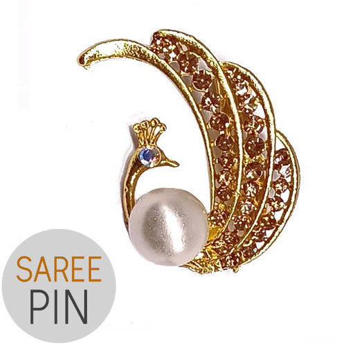 Peacock Design Golden With Pearls Saree Pin
