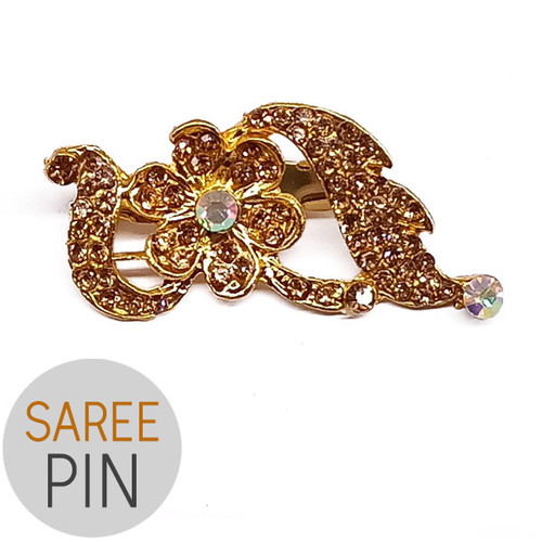 Flower & Leaf Design Golden Stone Studded Saree Pin