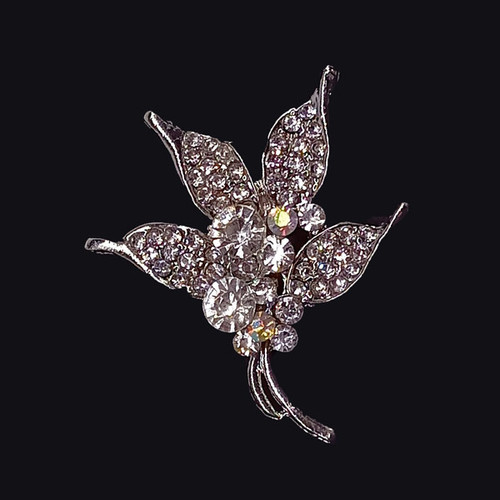 Silver Leaf Design white Stone Studded Saree Pin