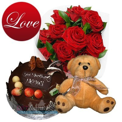 Lovely Teddy Bear, 12 Red Roses and Five Star Chocolate Cake