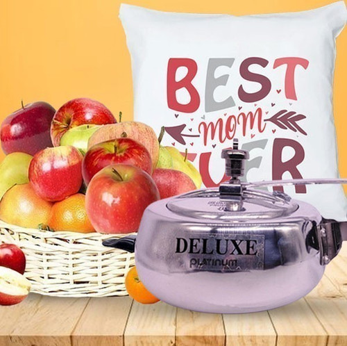 Silver Deluxe Platinum Pressure Cooker With Cushion & Mix Fruits Basket