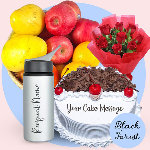 Personalised Name Print Bottle With Roses, Fruits & Cake