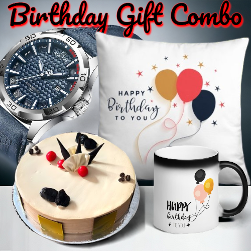 Birthday Gift combo For Him with Mug, cushion, watch & cake Birthday Gift combo For Him with Mug, cushion, watch & cake