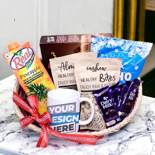 Personalized Mug with Dry Nuts, Juice, Rolls & Chocolates Combo Basket