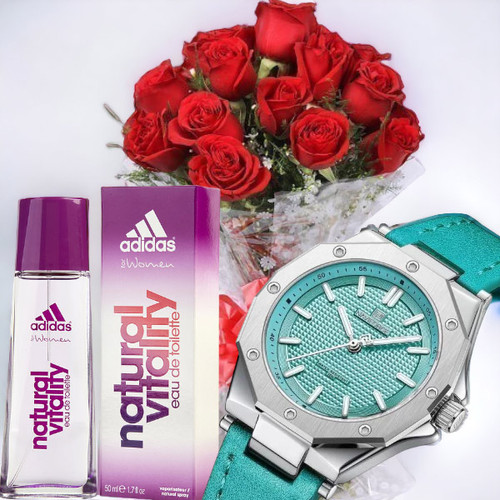 Adidas Natural Vitality EDT Perfume-50 ml With One Dozen Rose & Watch